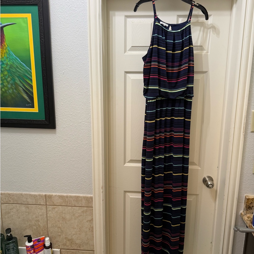 Maurices Navy Dress with Yellow, Pink, and Aqua Stripes